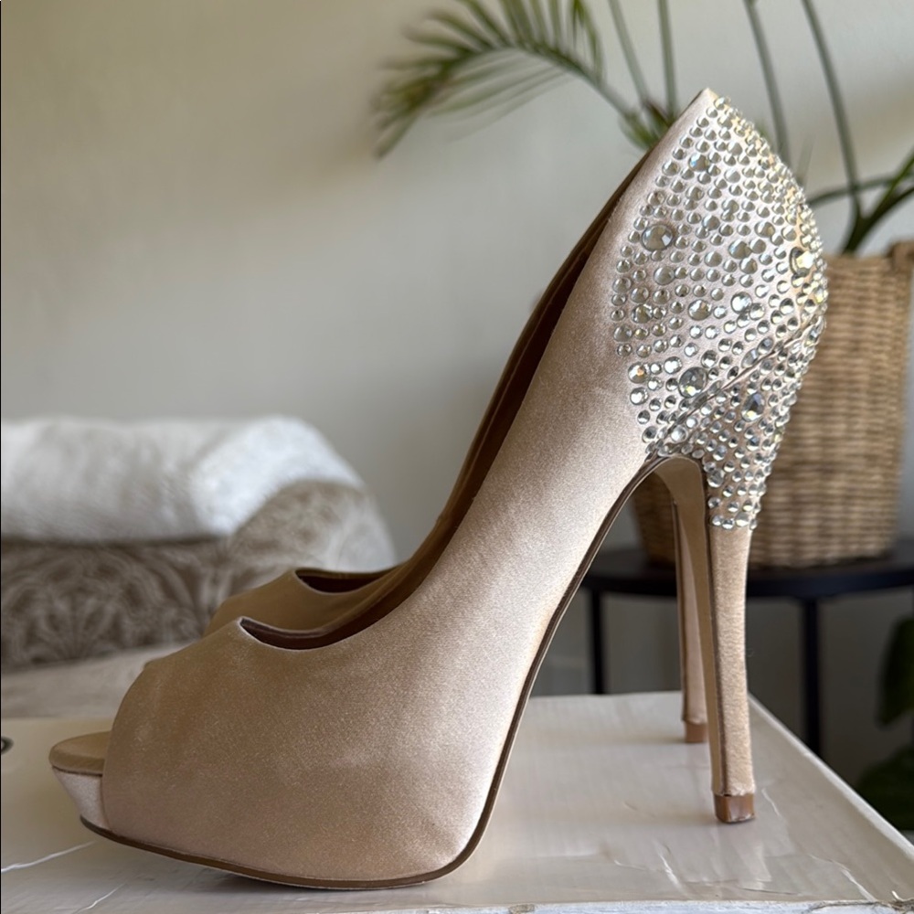 Beige satin open toe pumps with rhinestones Aldo.